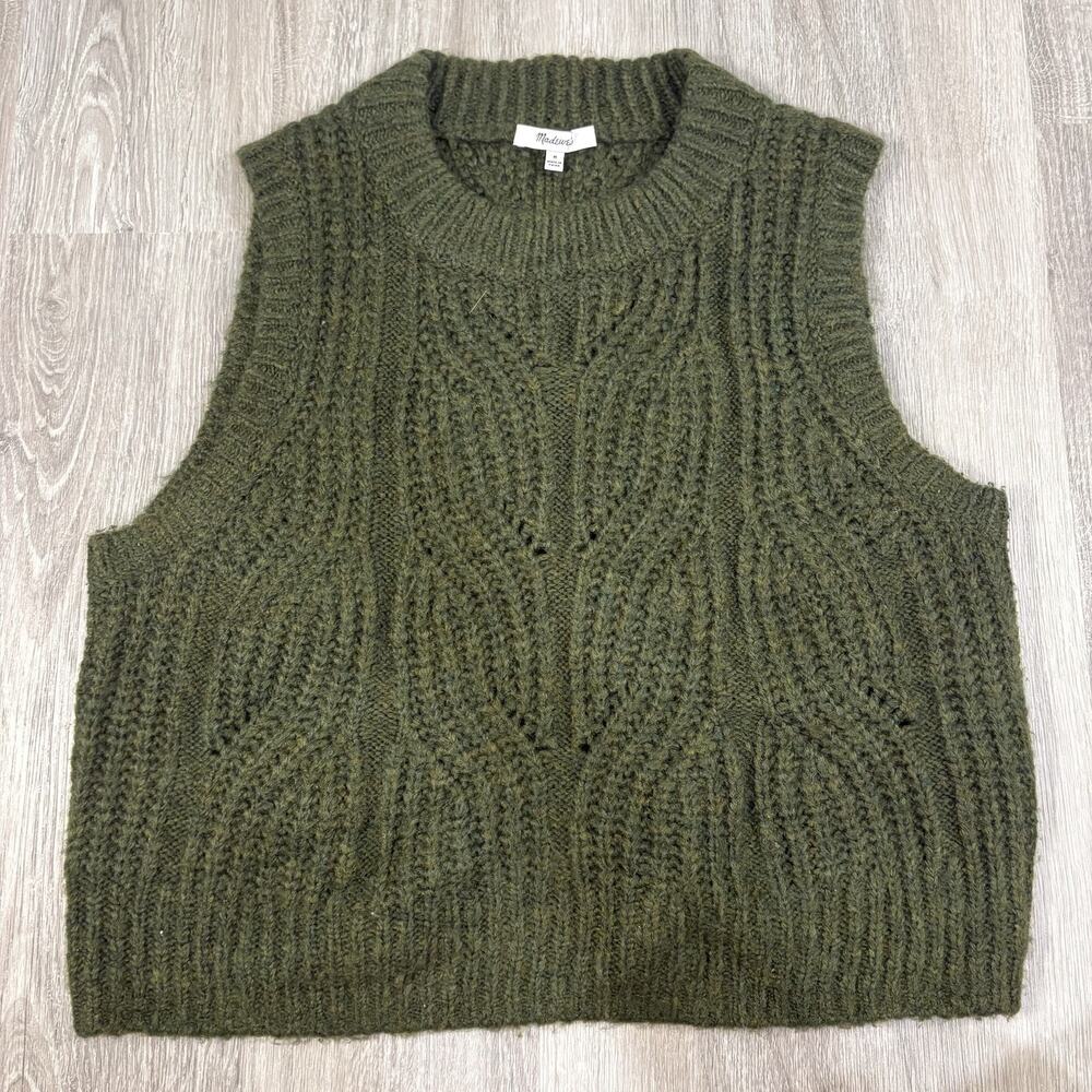 Madewell Women's Olive Green Cable Knit Sweater Vest Boho Academia Size M - Picture 2 of 8